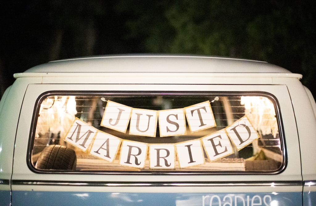 just married volkswagen bus rental for wedding